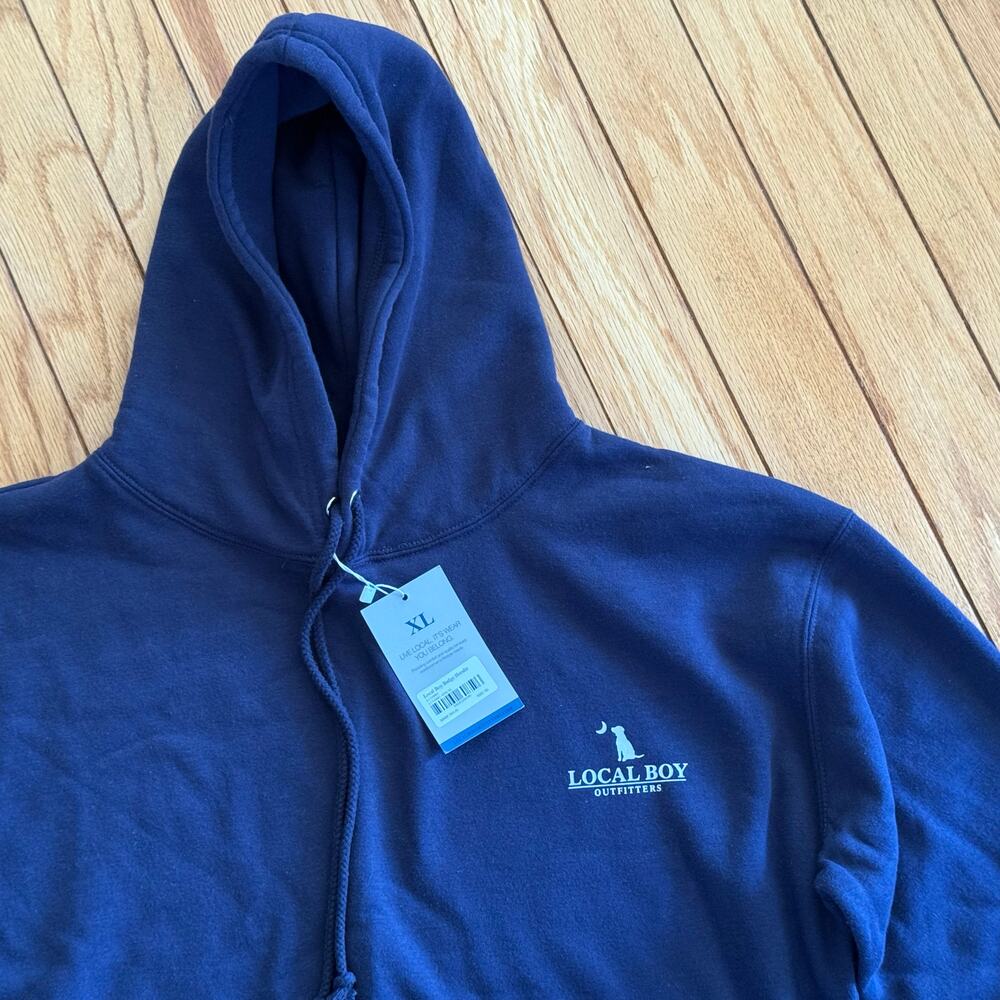 NWT Men's Local Boy Outfitters Fleece Hoodie Navy Blue Teal Back Graphic Size XL - Picture 2 of 10